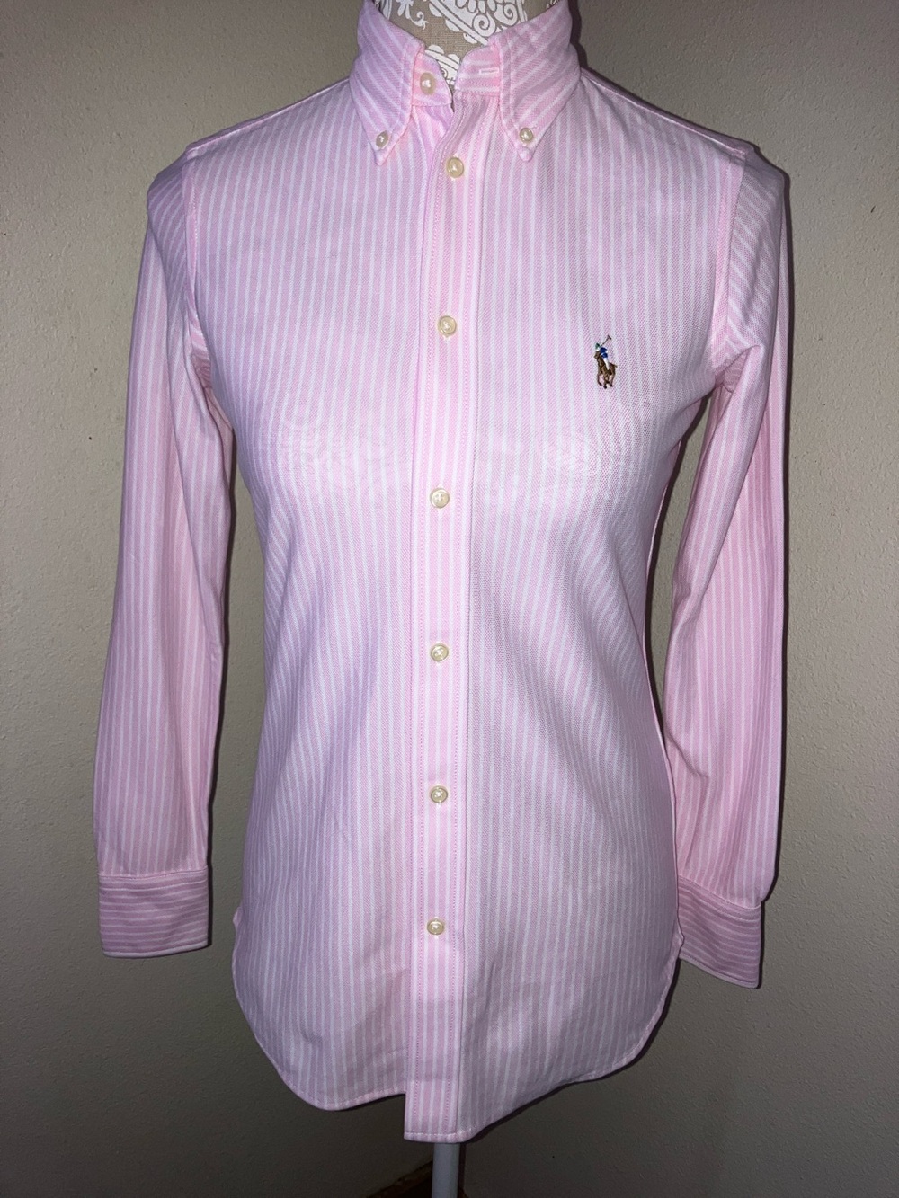 Ralph Lauren Light Pink White Classic Stripe Button-Down Oxford Shirt Polo Logo